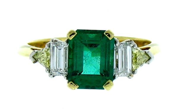 View PT/18K Emerald-cut Emerald/Trilliant Yellow Diamond & Baguette Diamond