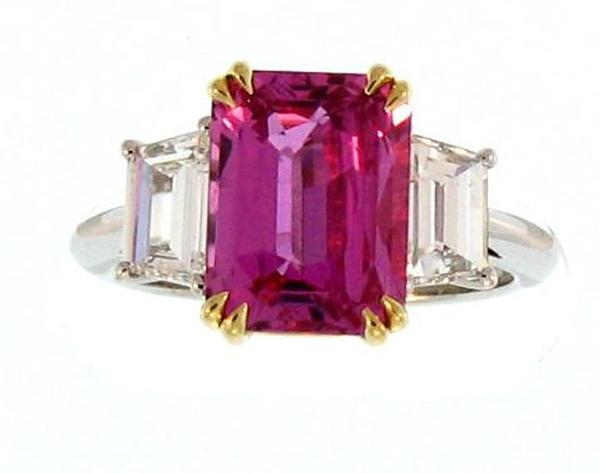 View PT/18K Emerald-cut Pink Sapphire/Trapezoid Diamond