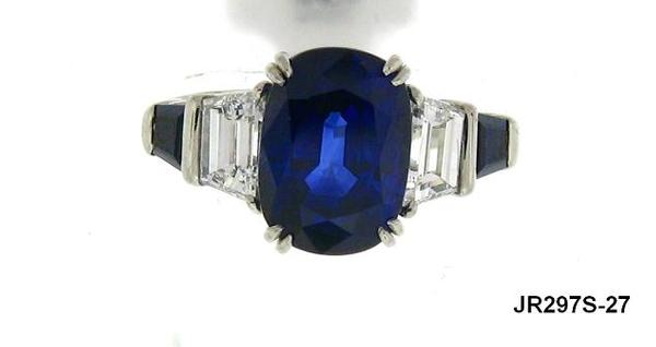 View PT Cushion Blue Sapphire/Trapezoid Diamond & Emerald-cut Sapphire